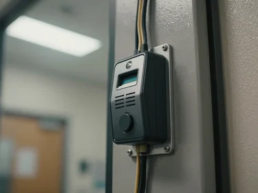 Close-up of an access control card reader mounted flush on a steel door frame in a commercial corridor, wiring neatly dressed behind the reader, fluorescent overhead light, no people