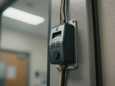 Close-up of an access control card reader mounted flush on a steel door frame in a commercial corridor, wiring neatly dressed behind the reader, fluorescent overhead light, no people